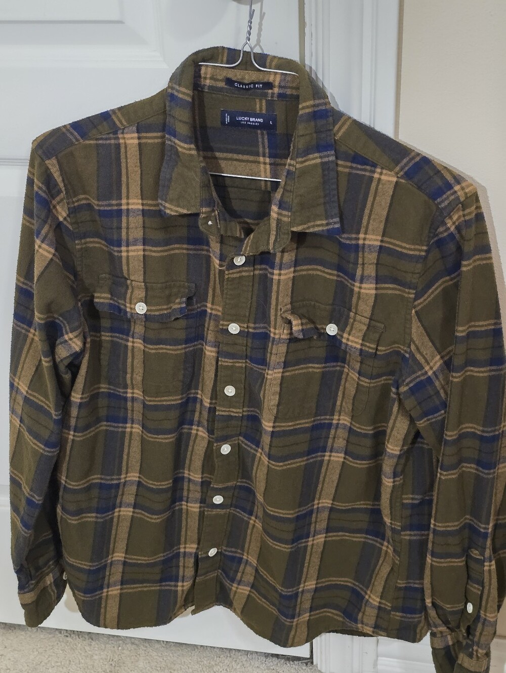 Lucky Brand Men's Olive Green Plaid Button-Up Shirt